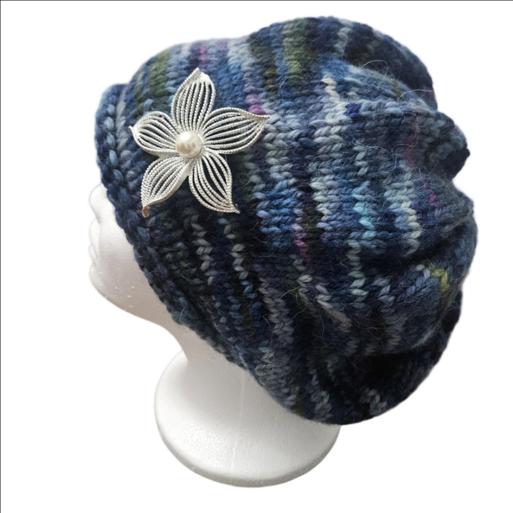 Blue Multicolor Knit Beanie with Silver Flower Accent